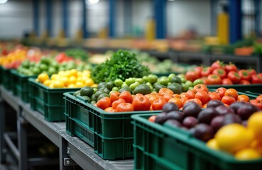 Fresh produce arrives at distribution center. Colorful fruits, vegetables fill green crates on conveyor belt in warehouse. Supply chain logistic in action. Wholesale business. Fresh harvest.