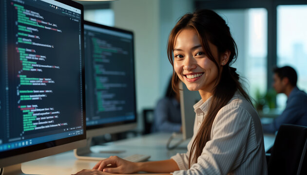 Young asian woman works on laptop in office. Happy, successful programmer with computer coding on screen. Successful team working together in tech company. Office workplace with people. Modern