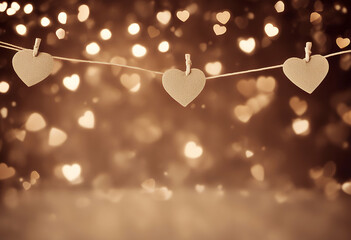 valentine bokeh s birthday day greeting hearts background beige string lights hanging wedding brown happy panorama banner february 14 heart nubes card hang love light texture wall dark festive