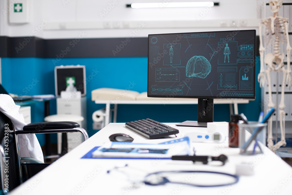 Poster empty clinic room with computer screen displaying brain and body scans, focused on neurology and com