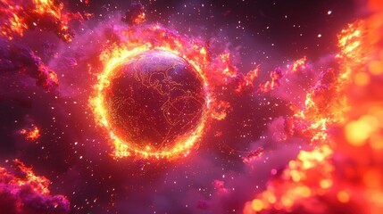 Obraz premium Burning Earth, cosmic fire, space background, climate change concept