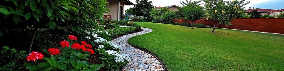 Peaceful Garden Pathway With Red Flowers