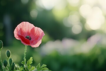 Single red poppy flower is the main focus of the image