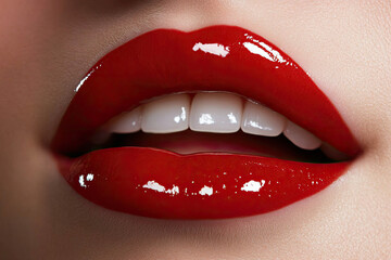 Fototapeta premium Close-up of Glossy Red Lips and White Teeth