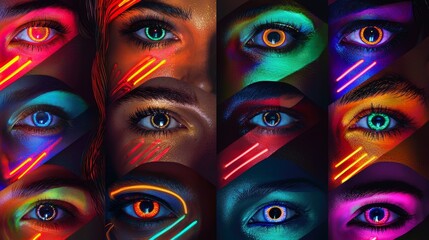 Obraz premium Neon art collage of diverse close-up eyes with glowing striped lights, representing cultural harmony and the unity of all nations