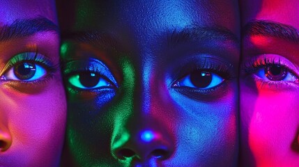 Abstract neon-themed art featuring eyes of different ethnicities and ages, glowing softly in a futuristic colorful environment