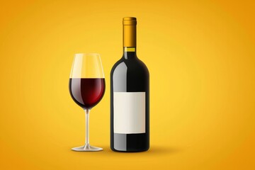 Bottle of wine and a wine glass are on a yellow background