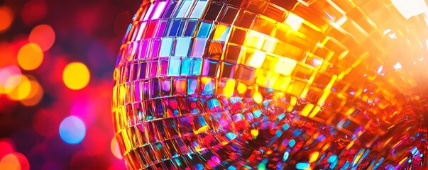 Abstract image of a disco mirror ball with exaggerated reflections, kaleidoscope effect of bright colors filling the frame