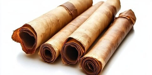 An isolated, ancient paper scroll that is old and grungy, vintage parchment, torn, weathered, featuring textural characteristics and signs of age.