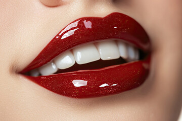 Obraz premium Close-up of Glossy Red Lips and White Teeth