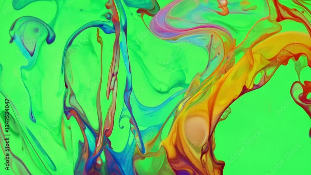 Poster vivid swirls of liquid merging and shifting in dynamic patterns. green screen chromakey