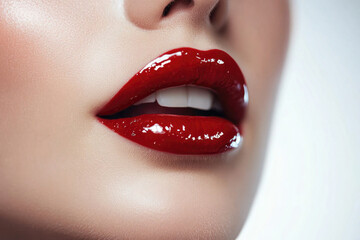 Obraz premium Close-up of Glossy Red Lips and White Teeth