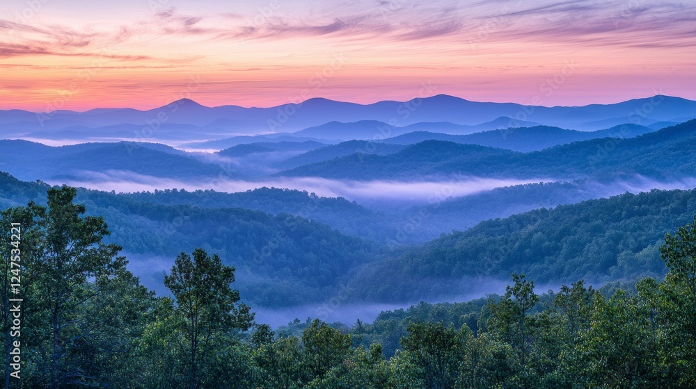 Aufkleber vast layers of mountains stretch across the horizon, enveloped in a soft mist. a stunning twilight s