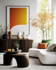 Modern Interior Design, Cozy Living Room Setup Featuring Elegant Furniture And Art, Warm Autumn Colors, Inviting Atmosphere