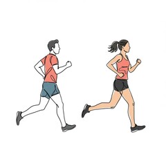 Fototapeta premium Running man and woman, isolated line drawings with color spots. Male and female runners running.