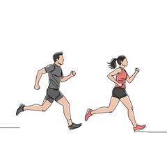 Fototapeta premium Running man and woman, isolated line drawings with color spots. Male and female runners running.