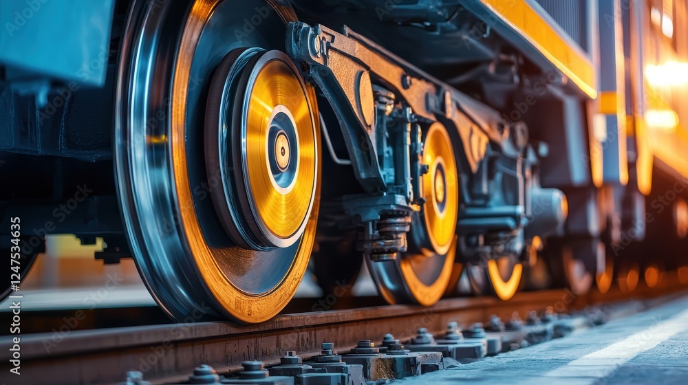 Poster global rail passenger concept. close-up view of train wheels on tracks with vibrant reflection and d