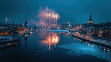 Obraz premium A winter cityscape featuring fireworks over a river, illuminated buildings, and icy waters.