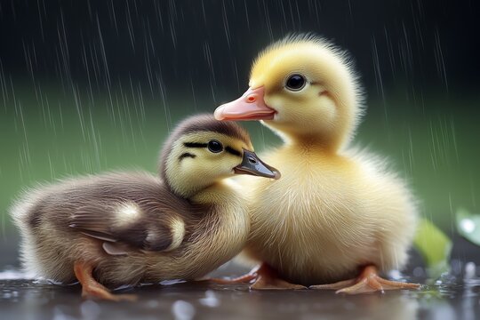 Two baby ducks are huddled together in the rain
