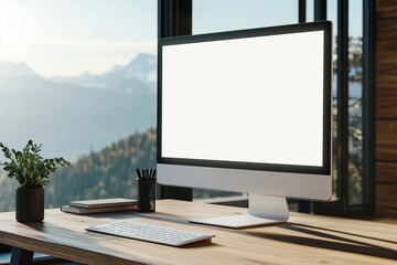 Fototapeta premium Desktop computer with white blank screen on the wooden table