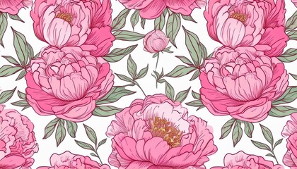 Seamless pattern, hand drawn outline pink Peony flowers on white background. Generated image