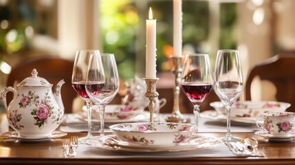 Fototapeta premium elegant rose-patterned tea party table setting