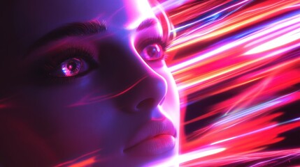 Obraz premium A close-up of a woman's face illuminated with vibrant, abstract light patterns.