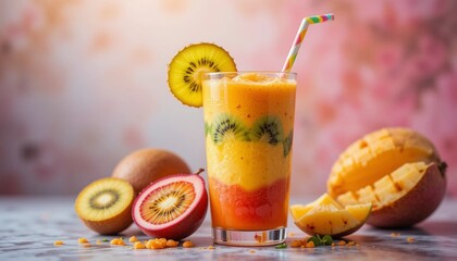 Tropical Smoothie with Fresh Fruits and a Straw