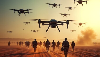 Futuristic drone swarm patrols over military base in vast desert landscape. Soldiers march along road in coordinated attack. Aerial surveillance, tech warfare evident. Scene suggests modern military