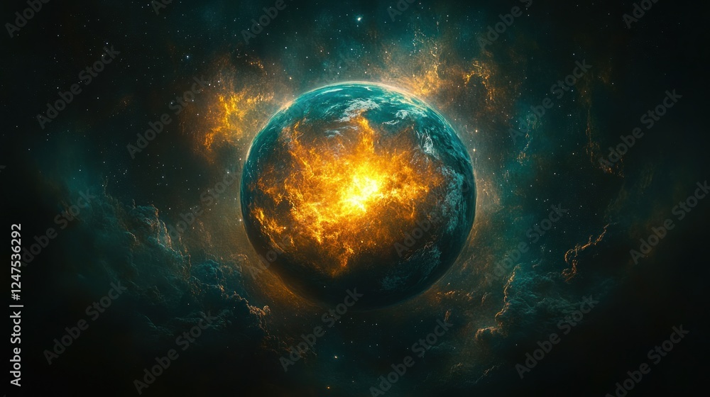 Poster fiery explosion erupting from planet's core in space.