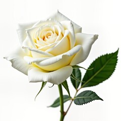 Beautiful single white rose bloom isolated on white background. Soft pastel yellow tones in rose center. Elegant flower design. Nature beauty. Perfect for love, romance, gifts decorative use.