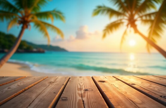 Wooden table top at tropical beach. Calm sea and sky with palm trees in background. Sunny day at paradise coast. Beautiful seascape for relax vacation or holiday. Perfect for product presentation. - Powered by Adobe