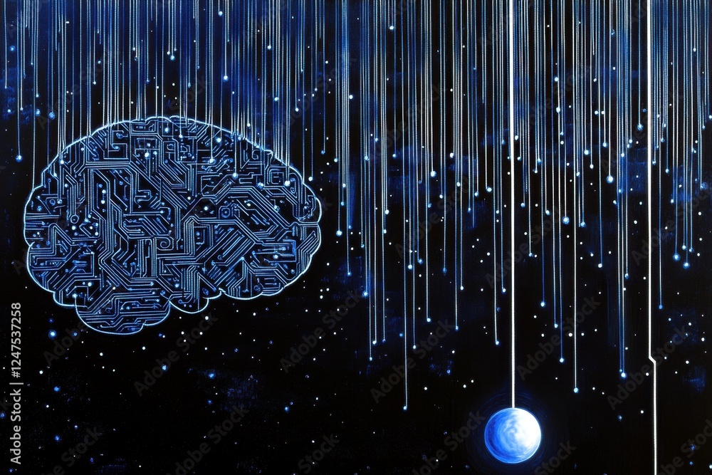 Poster a starry night sky with circuit board patterns forming the shape of a brain, and light beams emanati