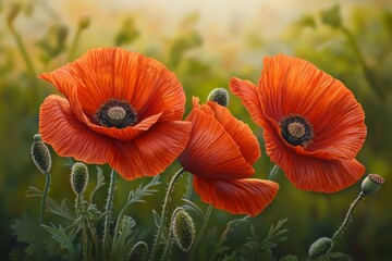 Three red flowers with green stems