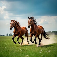Two brown horses gallop across green meadow. Manes, tails billow in wind. Horses in motion, showing strength, beauty. Summer day scene evokes freedom, wildness. Landscape vibrant, full of life.