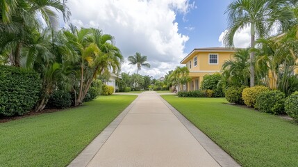 Obraz premium Residential Pathway Between Yellow Houses With Tropical Trees