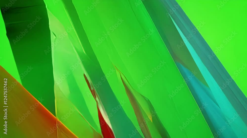 Poster vivid beams of color emerge from fragmented surfaces adding depth and intrigue to the green canvas. 