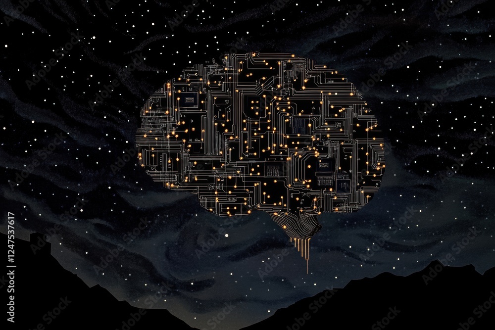 Poster a starry night sky with the silhouette of an abstract brain made from circuit boards, connected by g