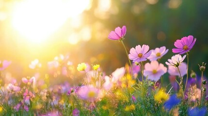 Sunset Cosmos flowers field, nature background, peaceful scene, idyllic summer