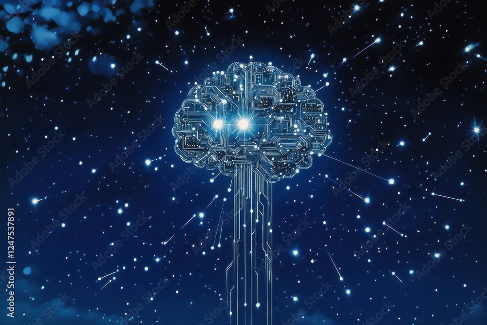 Poster a dark blue background with white stars, on top of which there is an abstract brain made from circui