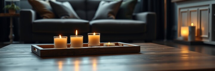 Cozy living room with soft sofa, glowing candles on a wooden tray, creating an inviting atmosphere with dim lighting and dark decor