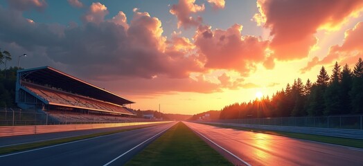 Empty racetrack stretches towards serene forest at sunset. Peaceful landscape in summer season. Sunlight bathes asphalt, green trees. No cars people visible. Natural beauty at countryside outdoor