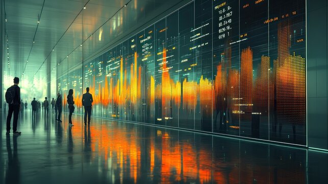 Businesspeople observe data visualizations on a large screen in a modern hallway - Powered by Adobe