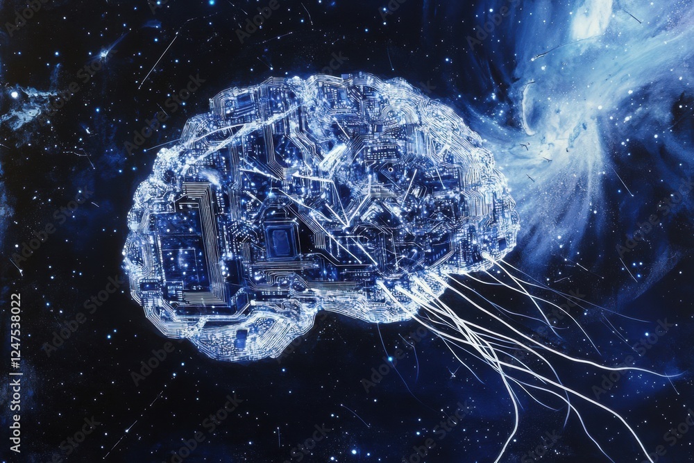 Poster abstract depiction of an ai brain made from circuit boards, connected by glowing lines against the b