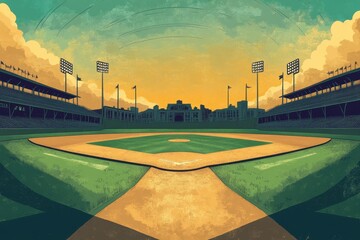 Stylized baseball stadium art depicting an empty baseball field