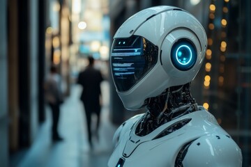 Fototapeta premium Robotic humanoid in a futuristic shopping center