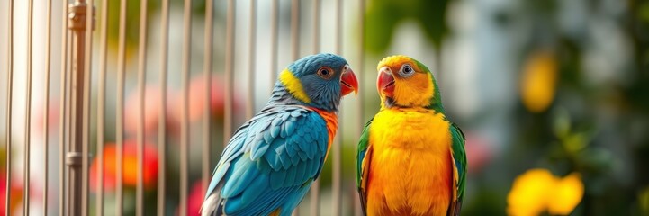 Fototapeta premium Colorful parrots in a cage displaying affection, surrounded by vibrant flowers creating a joyful atmosphere