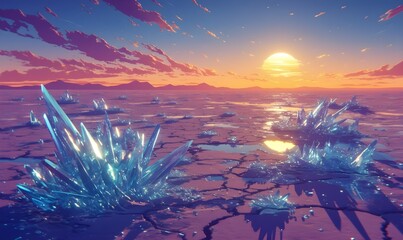 Fototapeta premium A desert wasteland with melting Borax molten pools a neon skyline and a holographic sun