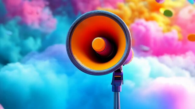 Colorful Megaphone Surrounded by Dramatic Smoke Clouds