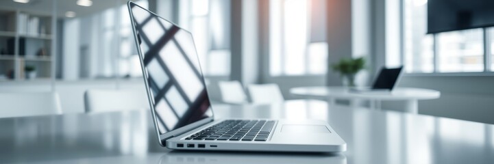 Modern laptop on a desk reflecting natural light in a stylish bright office space representing productivity and teamwork